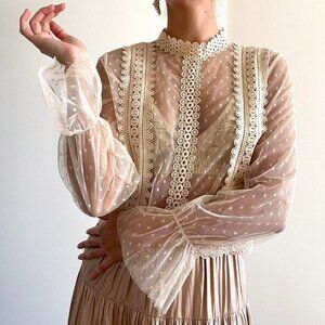 Romantic Cream Beige Lace Tulle Long Sleeve Ruffle Embroidered Blouse | Size M